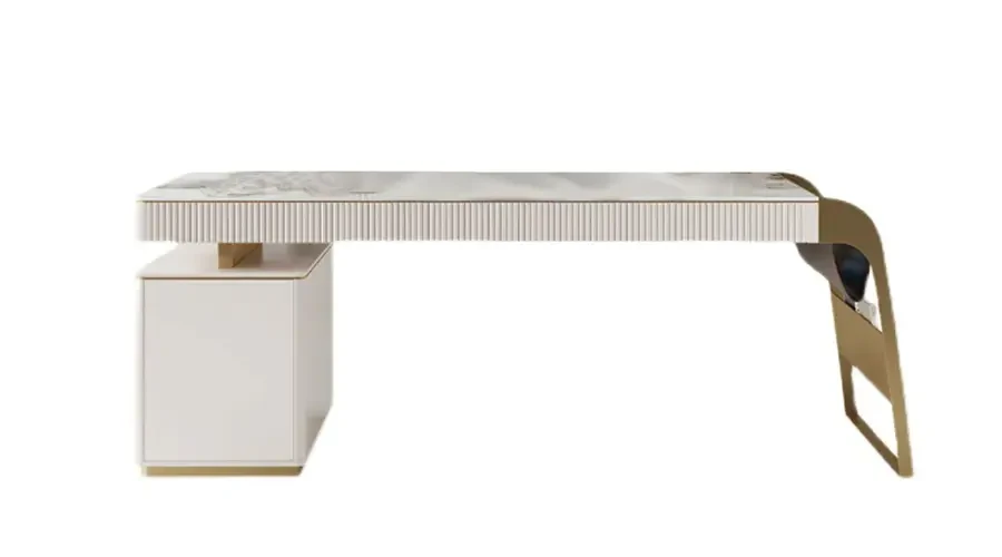 Modern custom-made office desk with artistic metal leg and fluted detailing – bespoke design for elegant executive workspaces.